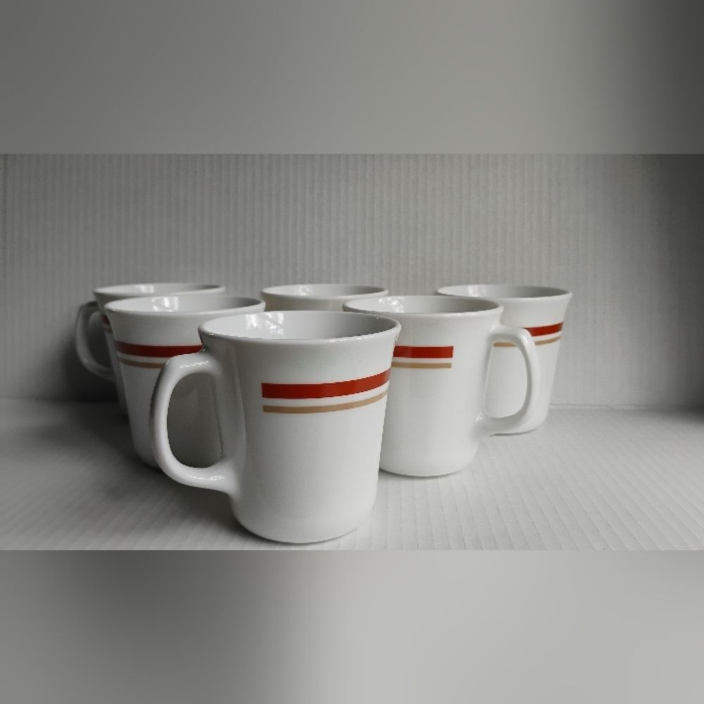 Vintage Corning Ware Mugs USA Coffee Tea Porcelain Cinnamon Strips White